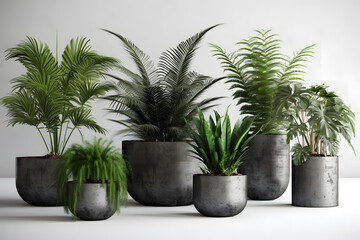 a group of houseplants in concrete pots Generative AI