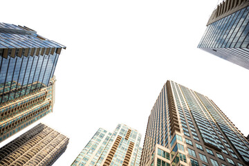 Fototapeta na wymiar New York city skyscrapers isolated on transparent background, low angle view, PNG. United States of America