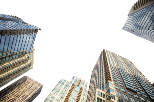 New York city skyscrapers isolated on transparent background, low angle view, PNG. United States of America