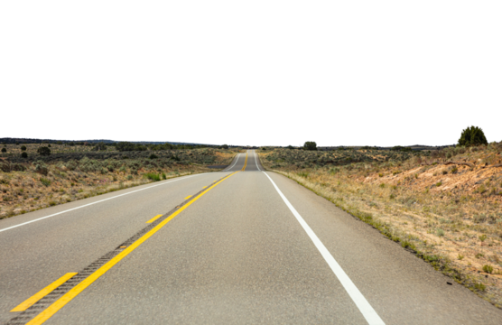 Road in the American countryside isolated on transparent background, PNG. USA desert landscape