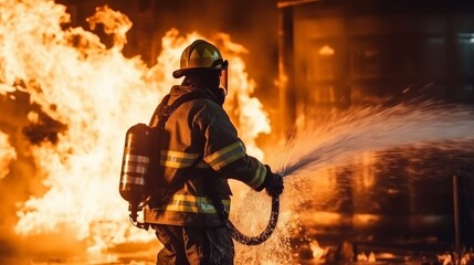 A firefighter fights the flames with water and a fire extinguisher. Concept of bravery and heroism of firefighters. Generative AI