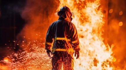 A firefighter fights the flames with water and a fire extinguisher. Concept of bravery and heroism of firefighters. Generative AI