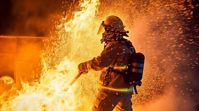 A firefighter fights the flames with water and a fire extinguisher. Concept of bravery and heroism of firefighters. Generative AI