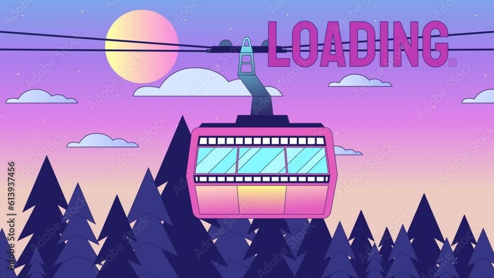 Poster cableway sunrise loader animation. ropeway above sunset forest. cabin in woods. flash message 4k vid