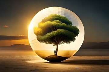 Glass globe covering tree with desert environment 01. Generative AI