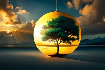 Glass globe covering tree with desert environment 02. Generative AI