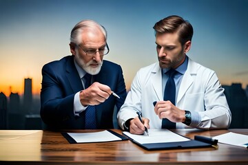 buisness man with agent sitting at a desk and doing paperwork in office 03. Generative AI