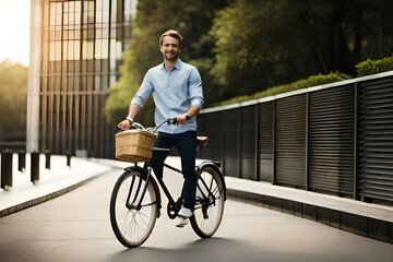 Young attractive man riding a bike. Generative AI