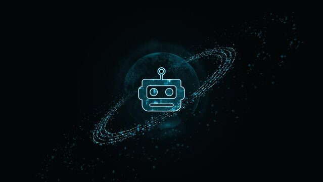 Motion graphic of Blue digital Robot logo with particle ring circle rotation and ai technology icon on futuristic abstract background artificial intelligence technology and machine learning concepts	