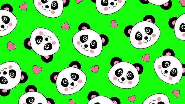 A cute panda bears and hearts animated pattern design Bear motional texture isolated on Green Chroma Key panda polar bear bamboo repeated wallpaper background cartoon face character Animals animation