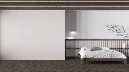 Minimal japandi bedroom in dark wooden and white tones. Mockup with copy space. Master bed with duvet and pillows, paper sliding door and herringbone parquet. Clean interior design