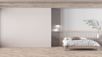 Minimal japandi bedroom in bleached wooden and white tones. Mockup with copy space. Master bed with pillows, paper sliding door and herringbone parquet. Clean interior design