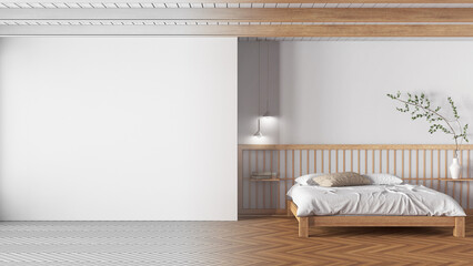 Architect interior designer concept: hand-drawn draft unfinished project that becomes real, minimal japandi bedroom. Mockup with copy space. Bed, paper sliding door and parquet.