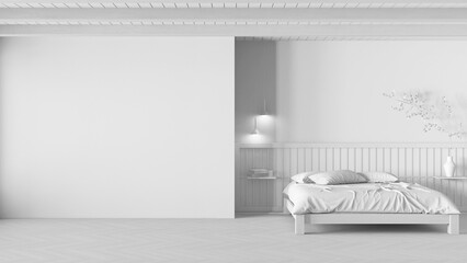 Total white project draft, minimal japandi bedroom. Mockup with copy space. Master bed with duvet and pillows, paper sliding door and parquet. Clean interior design