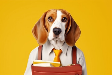 Beagle dog dressed in white shirt and tie as a teacher or university student, holding books. ai generative