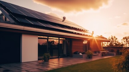 Modern house with solar panels under a sunny sky. Concept of renewable energy. Generative AI