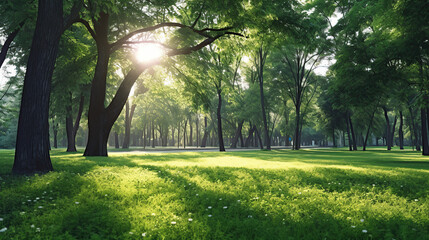 Fototapeta premium product photograph of Trees in the park with green grass and sunlight, fresh green nature background