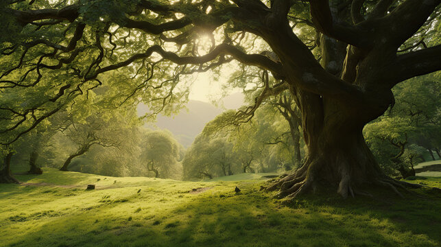 product photograph of Trees in the park with green grass and sunlight, fresh green nature background