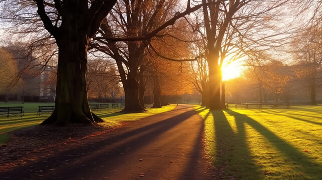 UK Leicester, Abbey Park 2020 beautiful sunrise with the sun streaking through the trees and blue sky