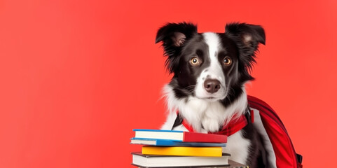 Border Collie as a student with backpack holding books. Banner with copy space, ai generative