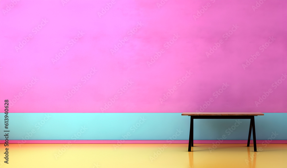 Poster abstract minimal concept. pastel multi colour vibrant textured background wall with long shelf table