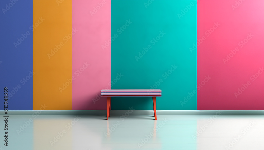 Poster abstract minimal concept. pastel multi colour vibrant textured background wall with shelf table fram