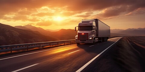 Cargo Truck on the Open Road at Sunset. Trucking Business in Motion