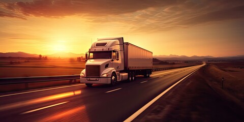 Naklejka na ściany i meble Cargo Truck on the Open Road at Sunset. Trucking Business in Motion