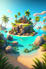Fototapeta na wymiar 3D tropical island with palm trees and rocks, clear summer sky background, Generative Ai