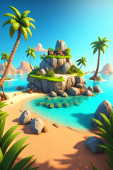 3D tropical island with palm trees and rocks, clear summer sky background, Generative Ai