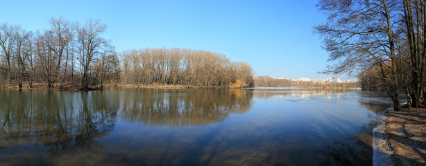 Landscape, view of the lake and the shore, green trees and water surface