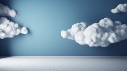 Clouds, sky, floor, blue studio background. AI generative image.