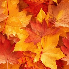 Seamless pattern with bright autumn maple leaves. Red, orange and yellow colors. Beautiful nature background. Endless texture for wrapping paper or textile design. AI generative image.