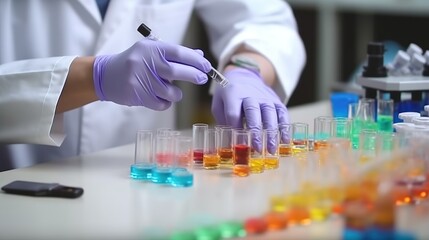 Illustration of science lab with chemistry flasks and hands wearing rubber gloves. Test tubes with different liquids. Indoor background. AI generative image.