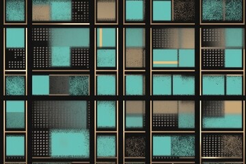Retro mosaic seamless pattern with black, turquoise and golden tiles. Geometric minimal ornament design. Wrapping paper or fabric endless texture template. AI generative image.