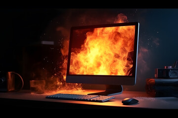 Burning computer screen in dark room. Fire and smoke concept. Generative AI