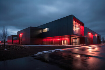Modern sleek warehouse office building facility exterior architecture, night, cloudy, overcast. Generative AI