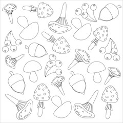 Mushrooms black line stroke for children's books and coloring books. A collection of autumn mushrooms in black and white is isolated on a white background.