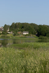 Obraz premium Landscape, view of the lake and the shore, green trees and water surface