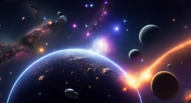 A vast expanse of stars, planets, and asteroids, all connected by a mysterious cosmic force, generative ai