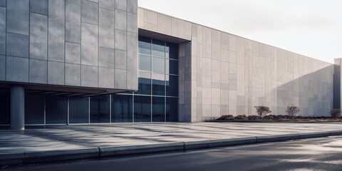 Fototapeta na wymiar Modern concrete warehouse office building facility exterior architecture, wide. Generative AI