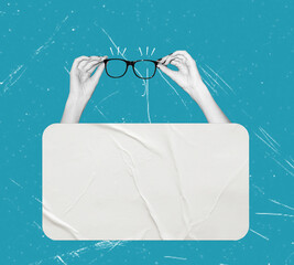 Art collage, Hands in glasses blue background with space for copying.