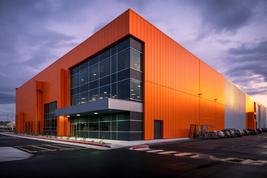 Modern sleek warehouse office building facility exterior architecture, orange. Generative AI