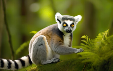 Fototapeta premium Ring-tailed lemur in the forest. Very cute ring-tailed lemur in its living environment. AI generated.