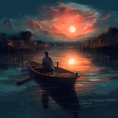 A Man on a Small Boat under the Red Moon