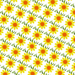 Colorful Abstract Large Yellow Sunflower With A Red and Orange Center In A Single Row With Green Grass Borders On The Top and Bottom Seamed Pattern Wallpaper Background
