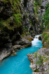 Beautiful landscape of Tolmin Gorges. Majestic scenery with clean mountain river in the deep gorges of Tolmin, Slovenia, Europe	
