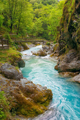 Summer scenic view of Tolmin Gorges. Majestic scenery with clean mountain river in the deep gorges of Tolmin, Slovenia, Europe	