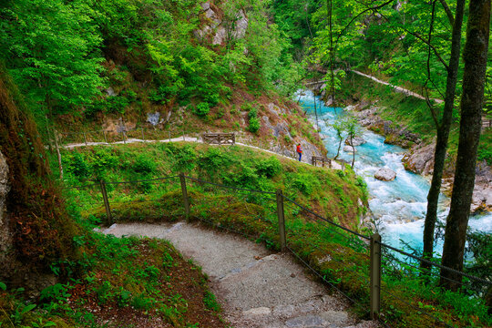 Beautiful landscape of Tolmin Gorges. Majestic scenery with clean mountain river in the deep gorges of Tolmin, Slovenia, Europe