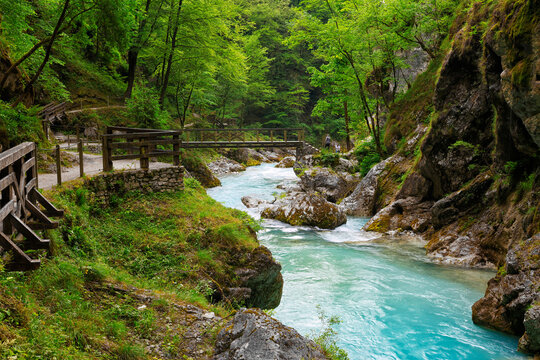 Beautiful landscape of Tolmin Gorges. Majestic scenery with clean mountain river in the deep gorges of Tolmin, Slovenia, Europe	
